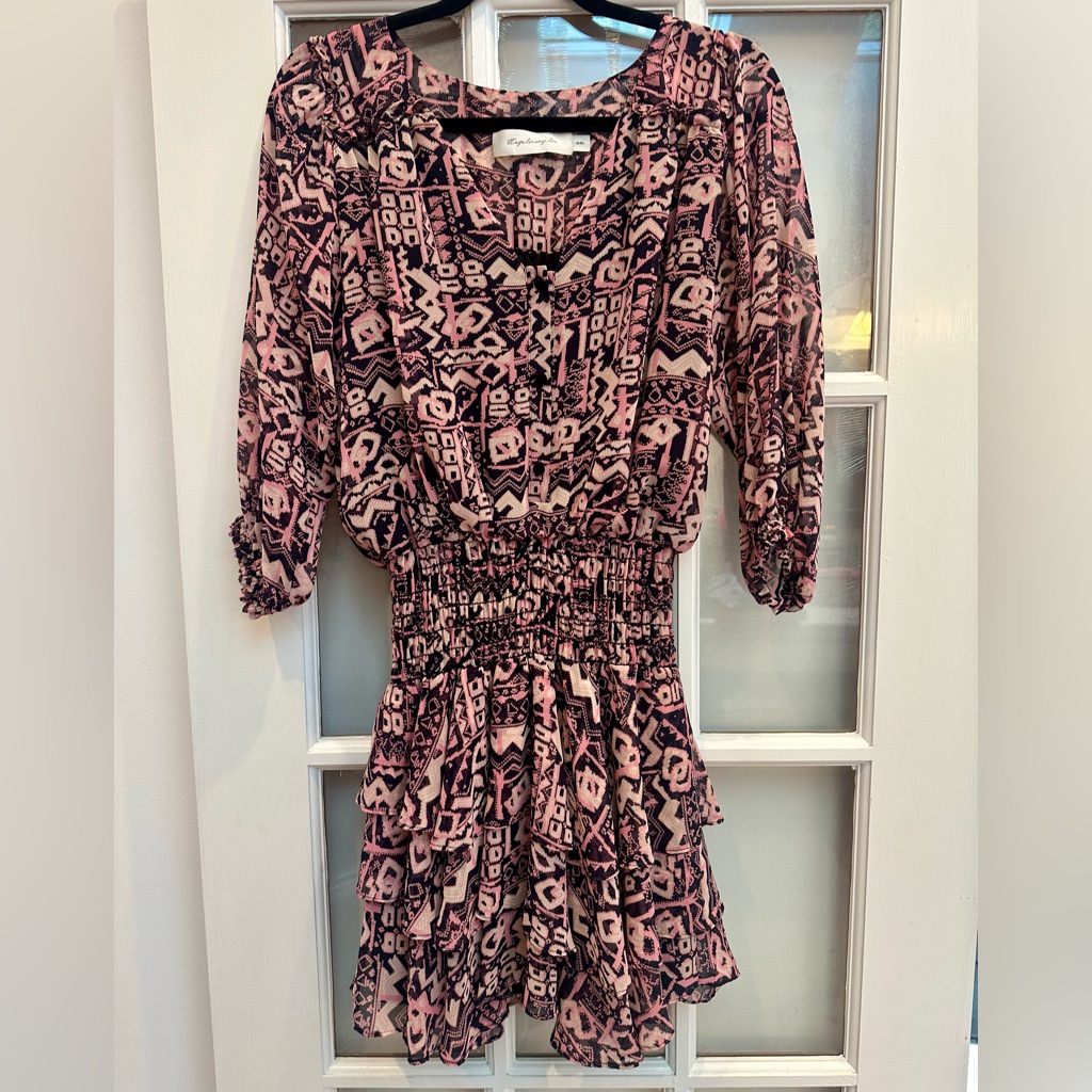 T-Bags Los Angeles Pink Black Southwestern Aztec Boho Smocked Mini Dress Size Xs
